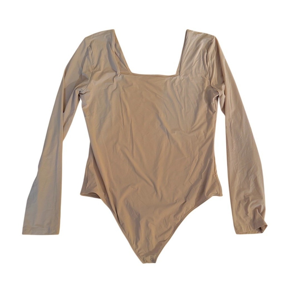 Quince second skin Bodysuit XL Beige Square Neck Long Sleeve Stretch Fitted nude